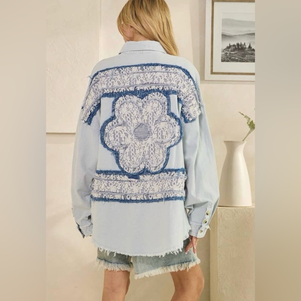 NWOT🤍Oli & Hali Floral Lace Patchwork Lightweight Denim Jacket Small Blue - Picture 2 of 8